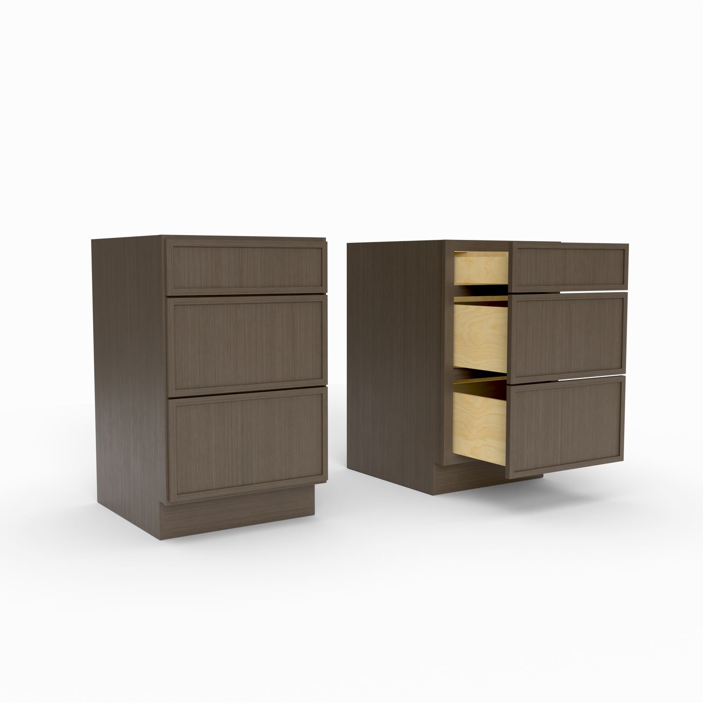 Two wooden cabinets with drawers on a white background