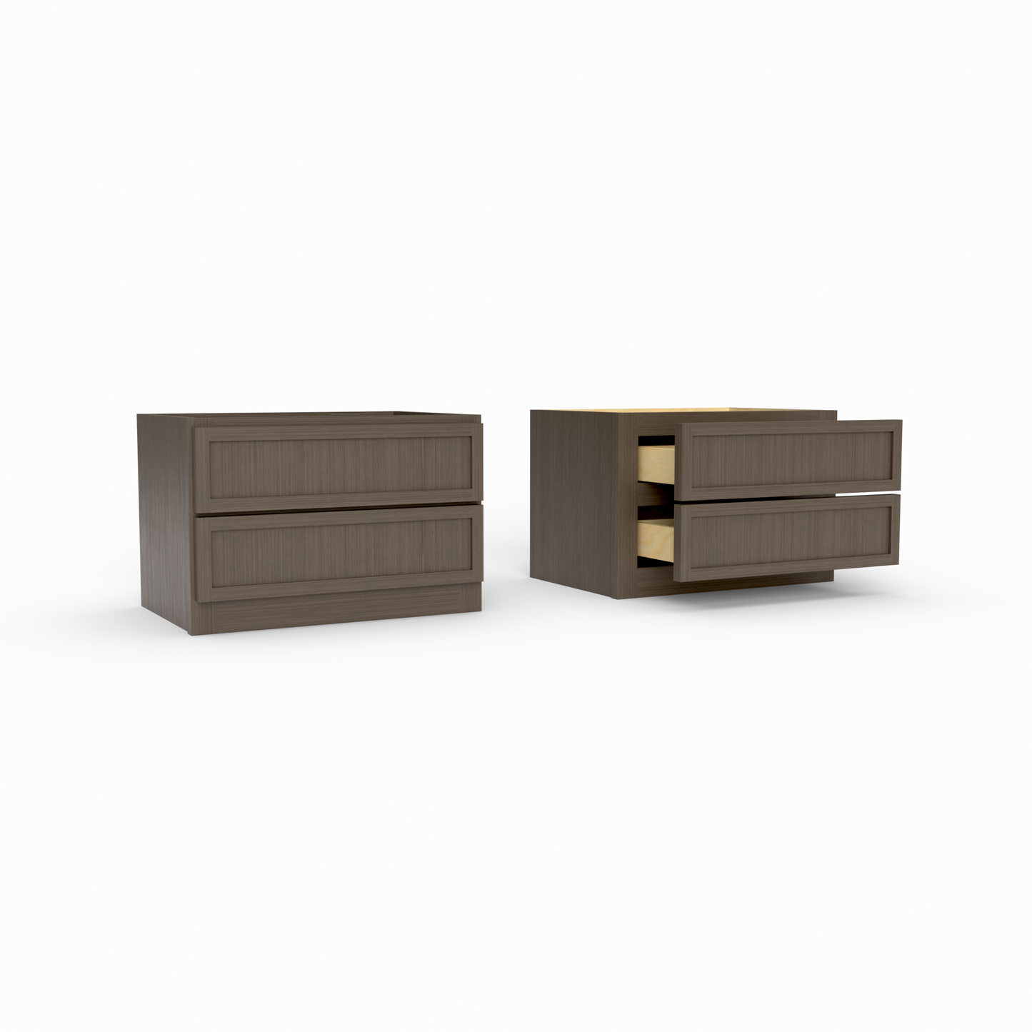 Two wooden cabinets with drawers on a white background