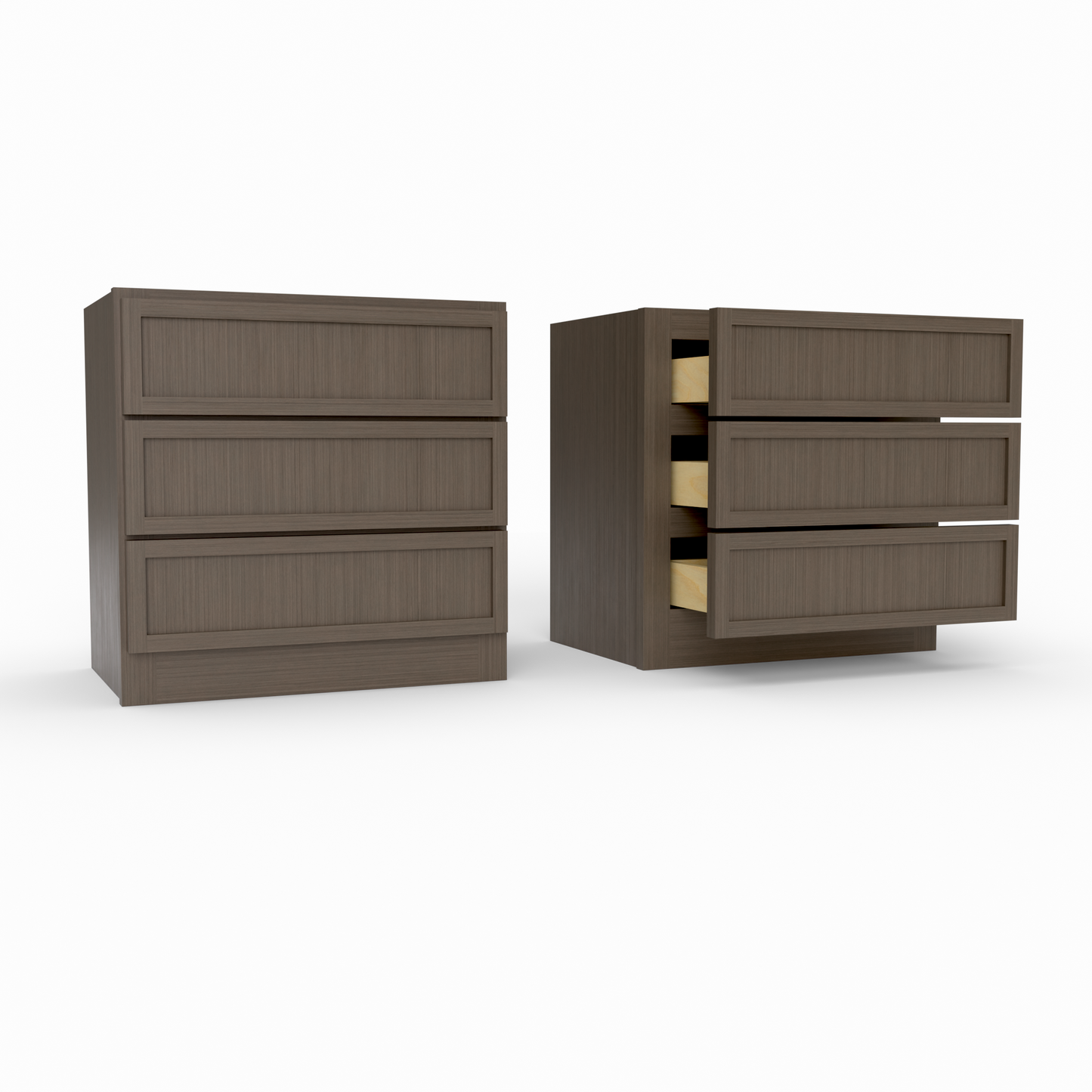 Two wooden cabinets units with multiple drawers on a white background