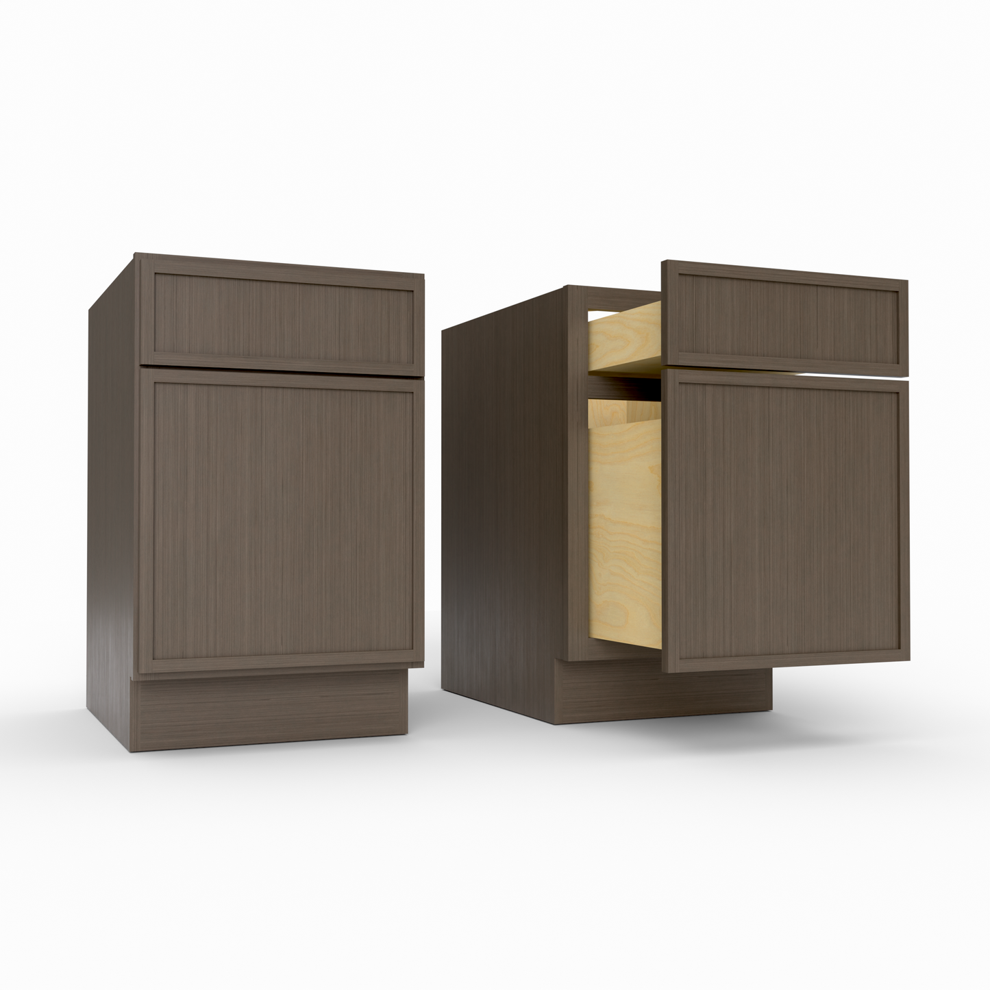 Wooden cabinet with open drawer on a white background