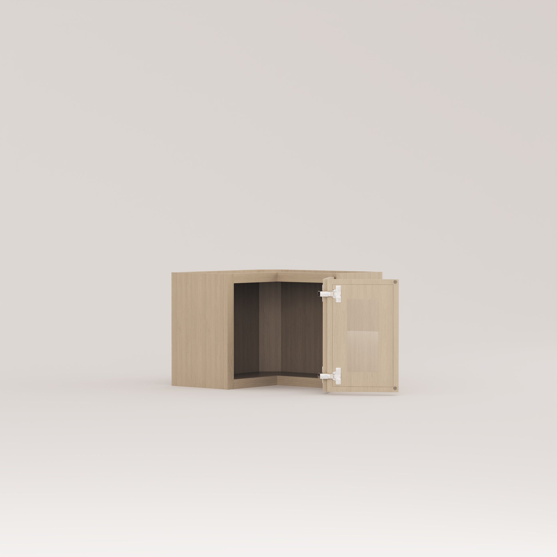 Slim Frame Shaker Easy Reach Corner Wall Cabinet rift cut white oak glass door