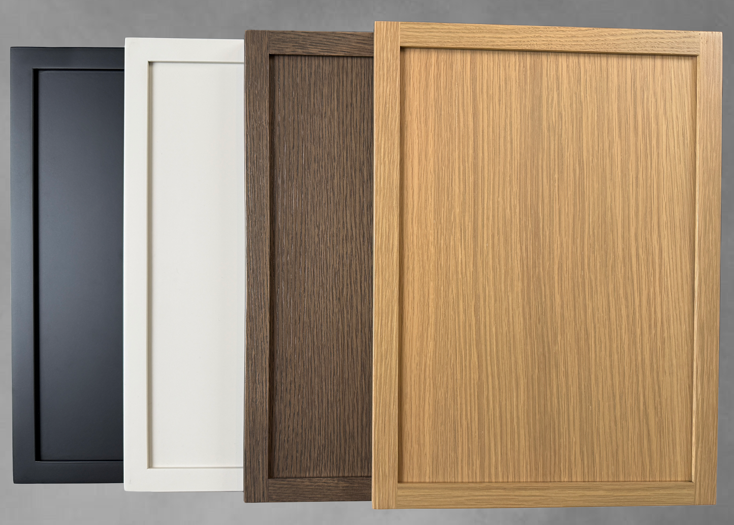 Slim frame shaker sample doors black, cream, toasted dark oak and rift white oak