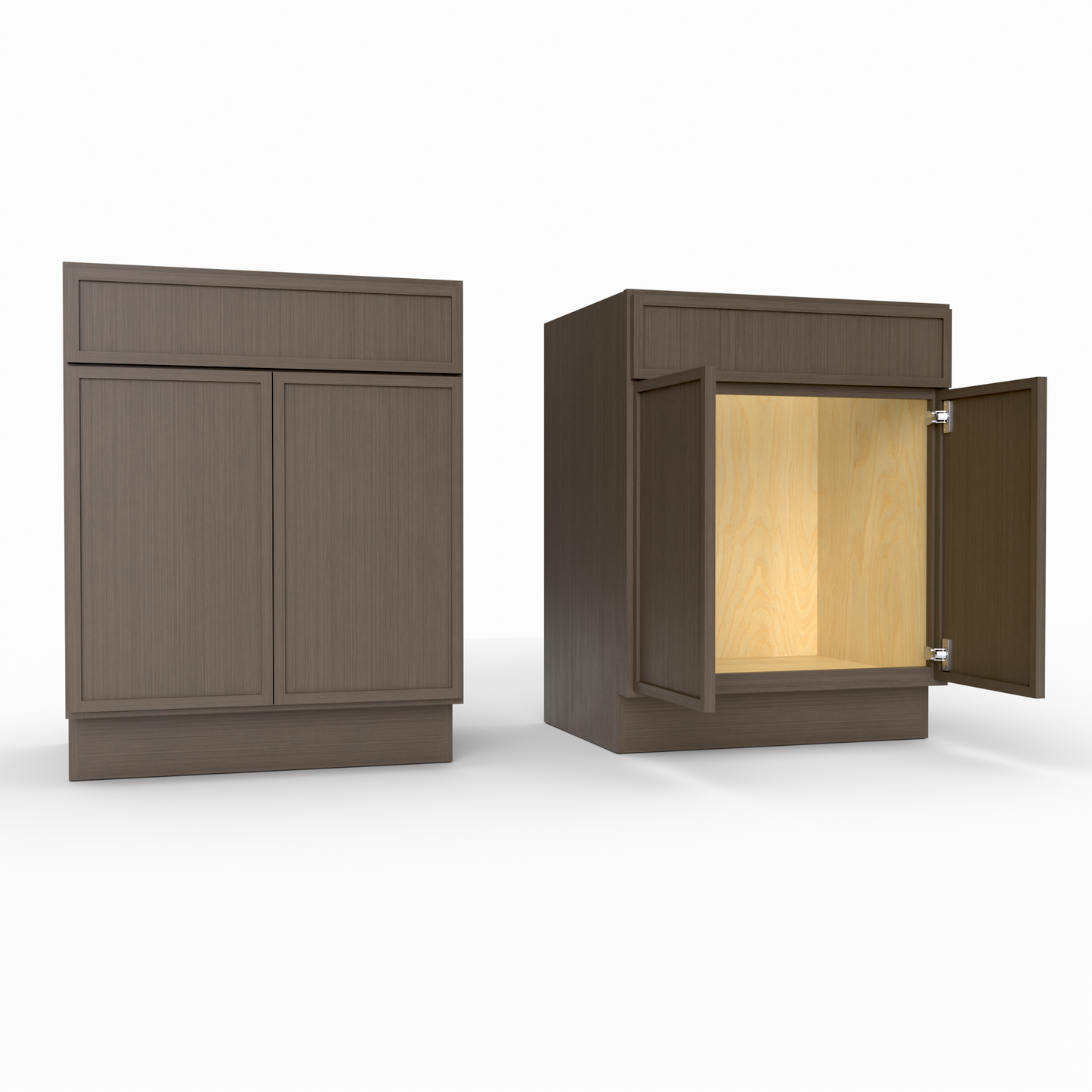 Brown cabinet with a single door open on a white background