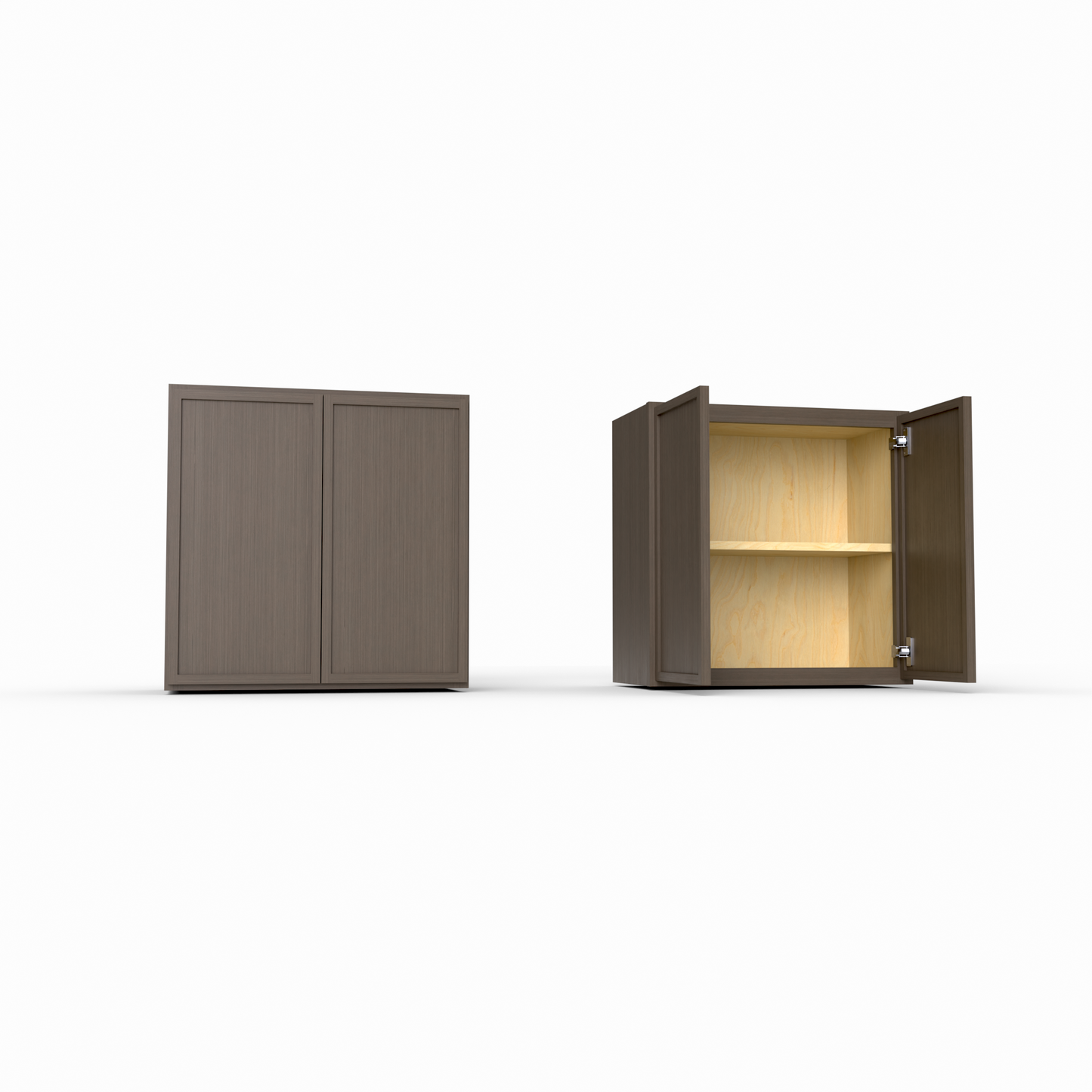 Two wooden cabinets, one closed and one open with a light interior, on a white background.