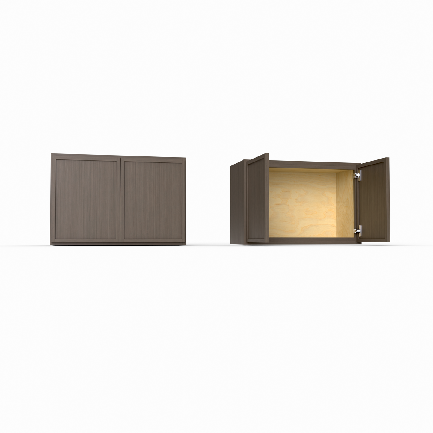 Brown cabinet with closed and open doors on a white background
