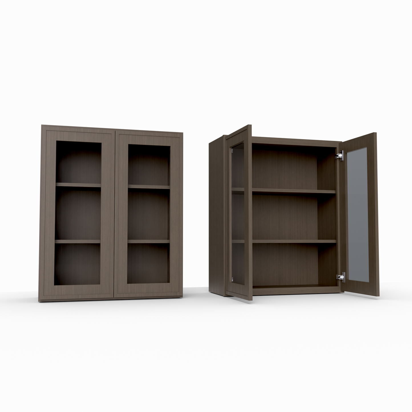 Brown kitchen cabinets with one door open on a white background