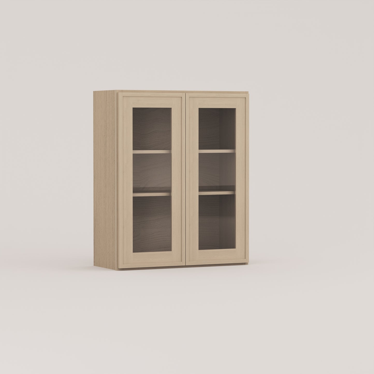 glass door slim frame shaker wall cabinet rift cut white oak