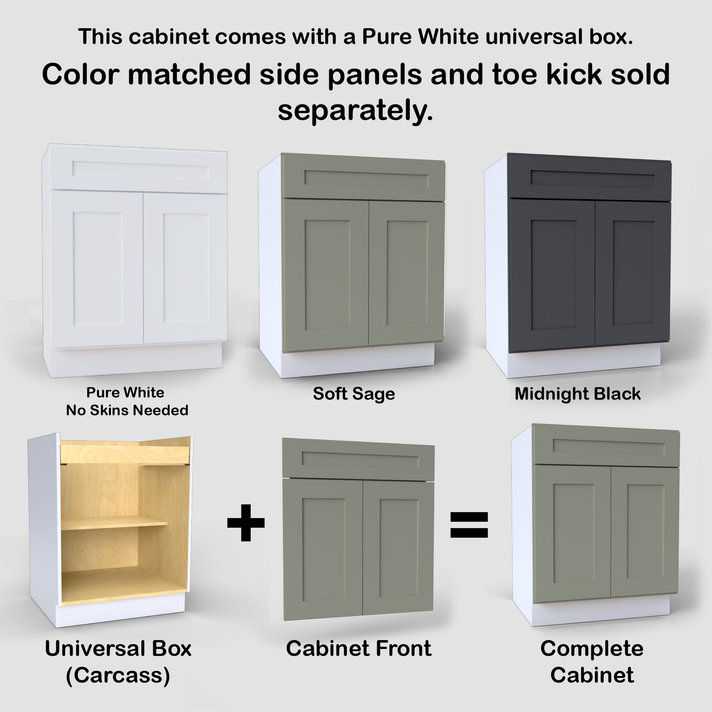 Cabinets in Pure White, Soft Sage, and Midnight Black with text explaining component sale.