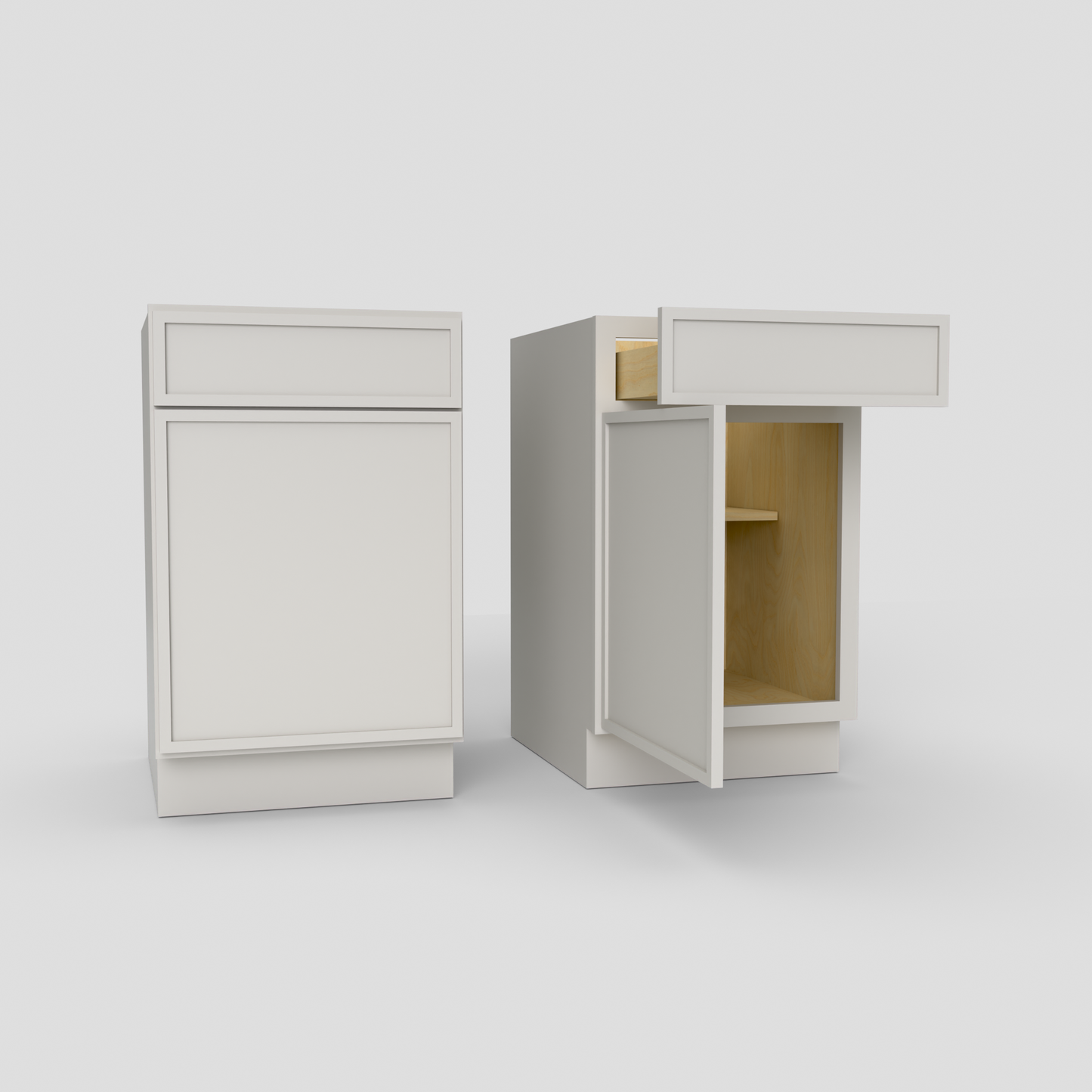 Wooden cabinet with open and closed doors on a white background