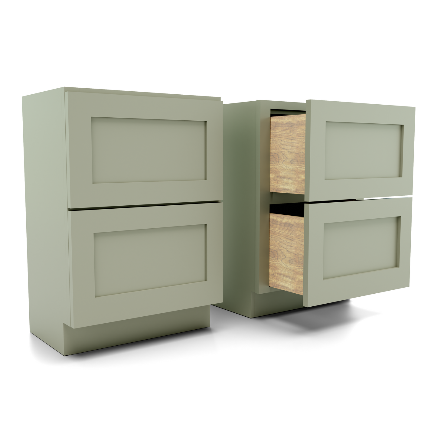 30" wide two drawer base cabinet soft sage green