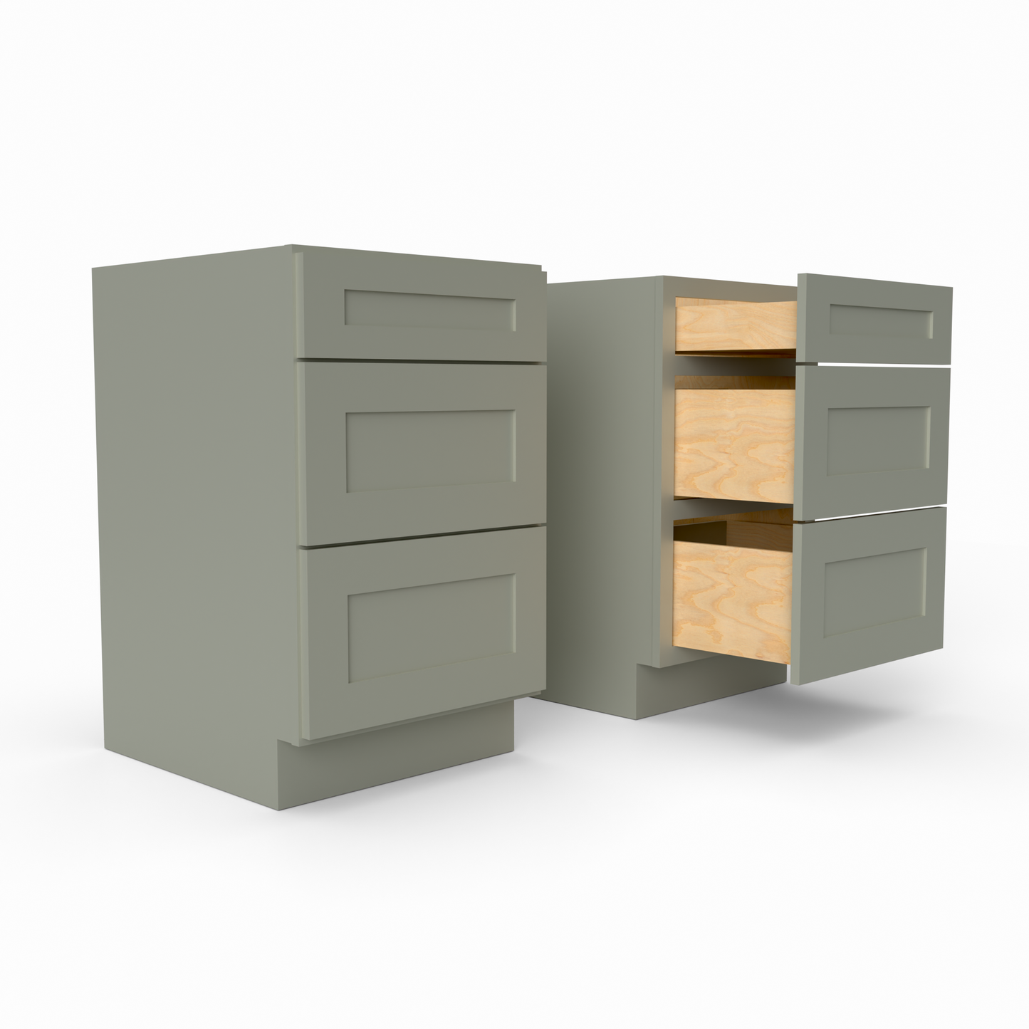 3DB21 three drawer Shaker base cabinet sage green