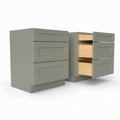 3DB27 three drawer Shaker base cabinet sage green