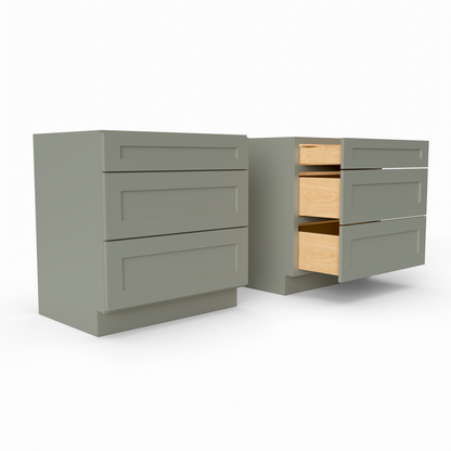 3DB33 three drawer Shaker base cabinet sage green