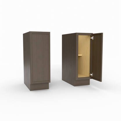 Wooden cabinet with a closed door and an open door revealing a beige interior on a white background.