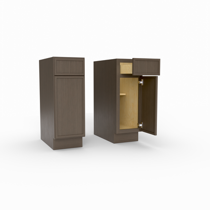 Brown kitchen cabinet with open door on a white background