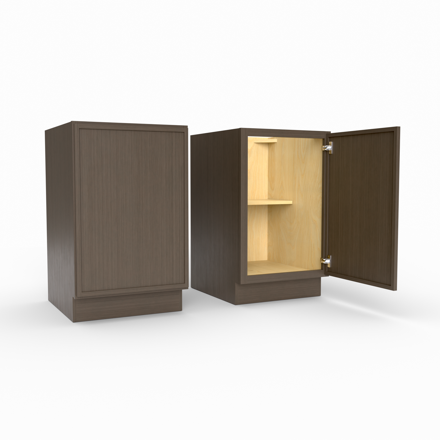 Wooden cabinet with one door open on a white background