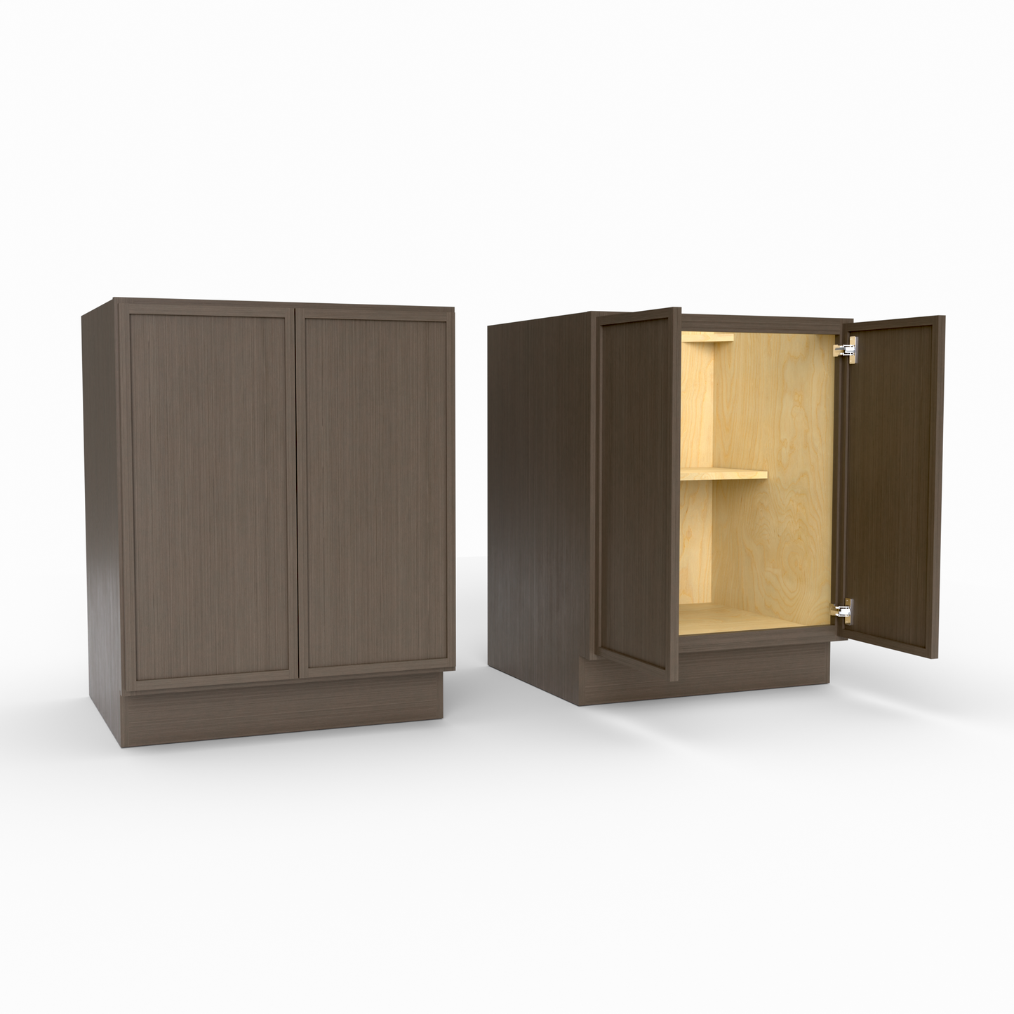 Brown cabinet with open door revealing a wooden interior on a white background