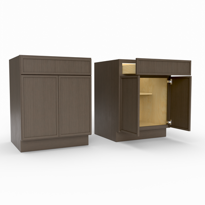Wooden cabinet with a closed and open door on a white background
