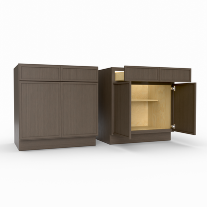 Brown kitchen cabinet with open door showing interior on a white background