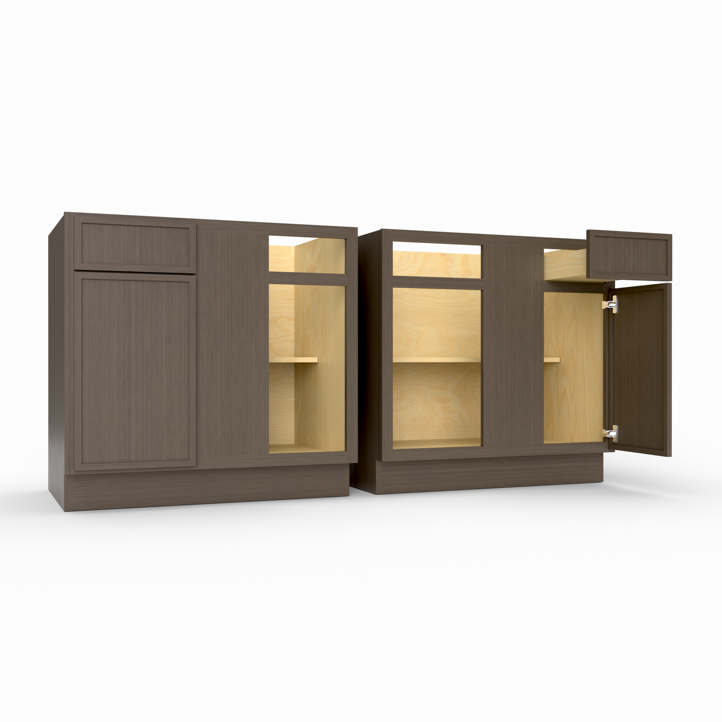 Brown kitchen cabinets on a white background