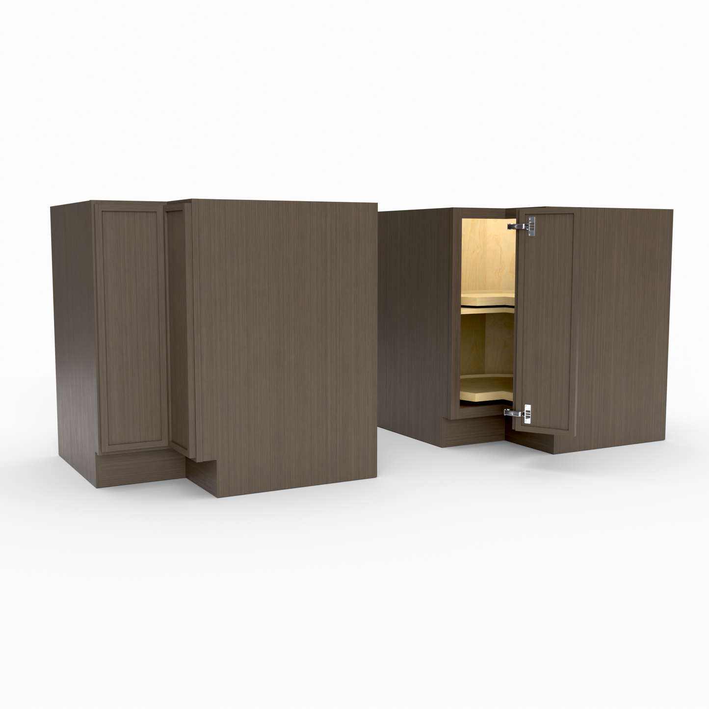Brown kitchen cabinet with open door on a white background