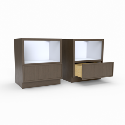 Two wooden display cases with a drawer on a white background