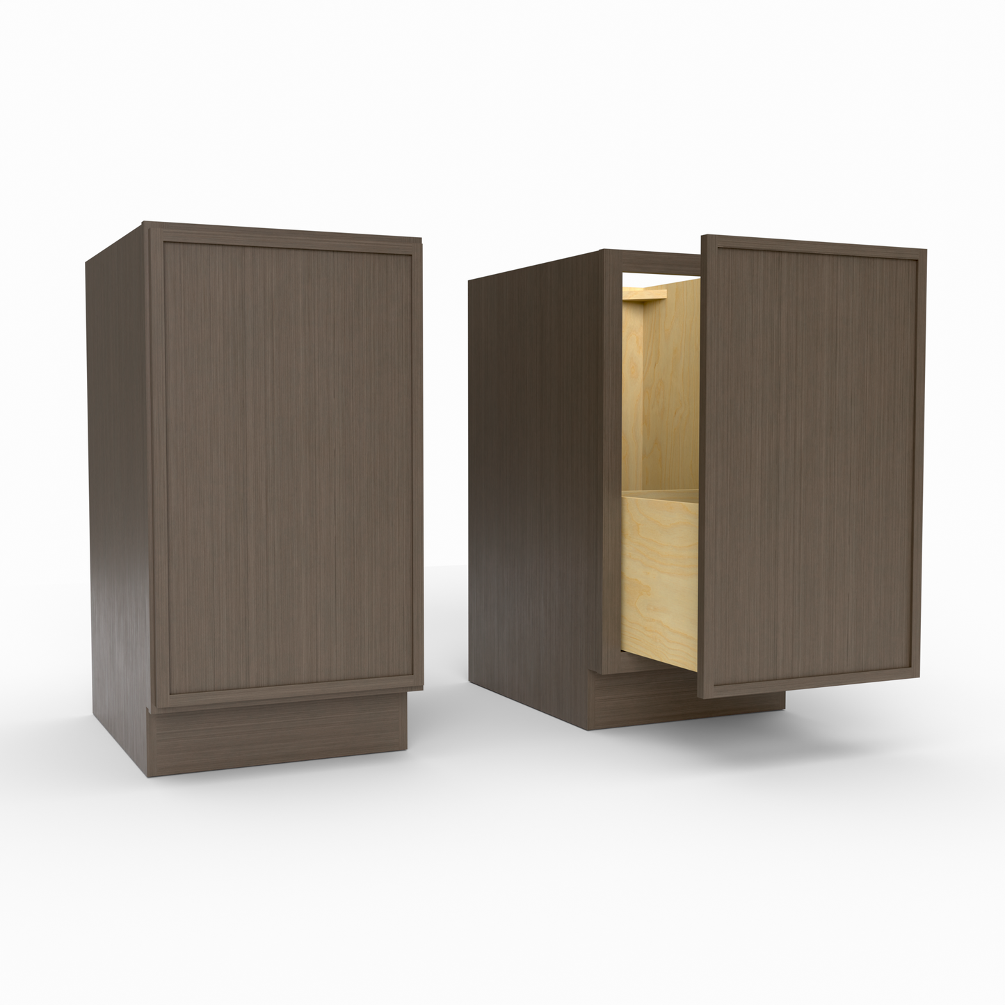 Wooden cabinet with a closed door and an open door revealing a light interior on a white background.