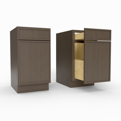 Two wooden cabinets, one closed and one open, on a white background