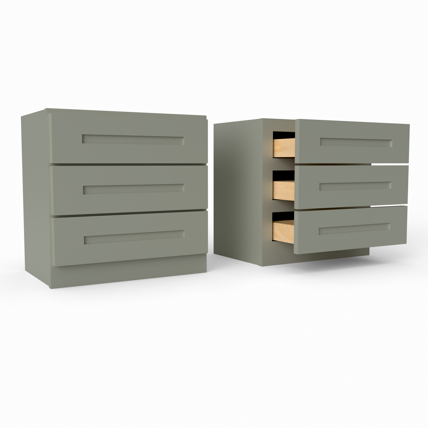 Two sage green drawers with wooden interior on a white background. three drawer countertop cabinet