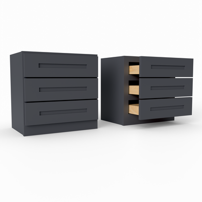 Two black countertop three drawer cabinets with open drawers on a white background