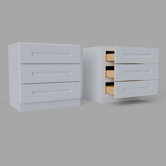 White drawers with wooden interior on a gray background. countertop three drawer cabinet