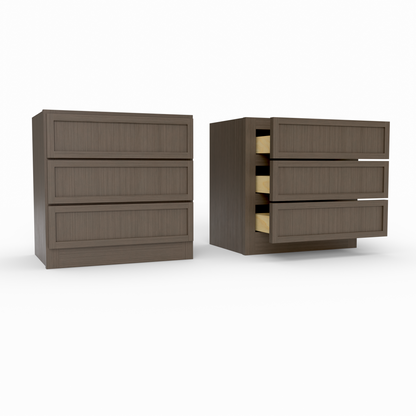 Two wooden cabinets units with multiple drawers on a white background