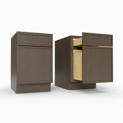 Wooden cabinet with open drawer on a white background