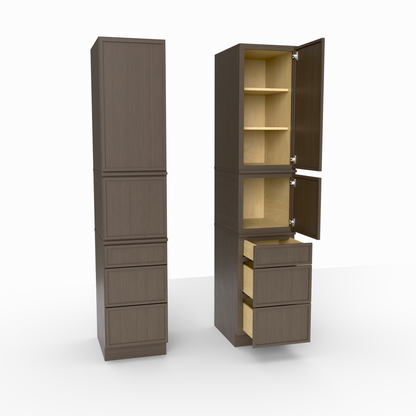 Tall brown cabinet with open doors on a white background