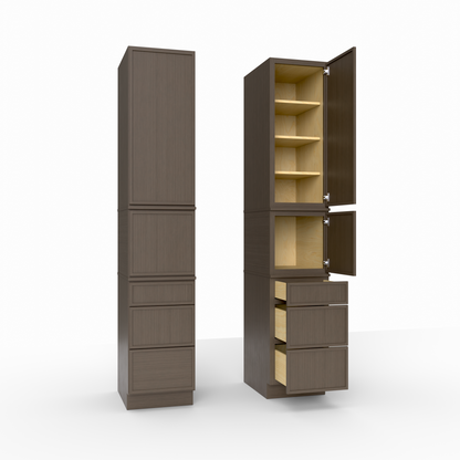 Tall brown cabinet with open doors on a white background