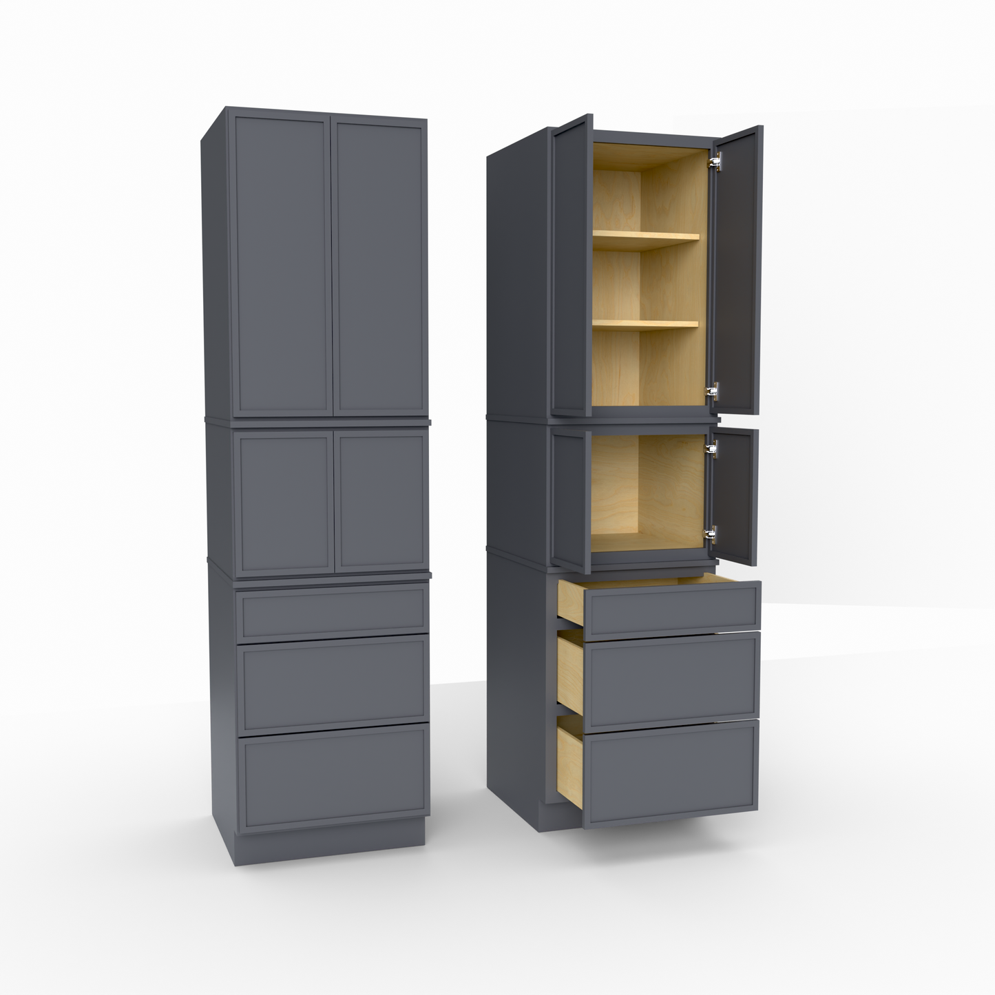 Slim Frame Shaker Modular Tall Pantry Utility Cabinet 24" D Three Drawer