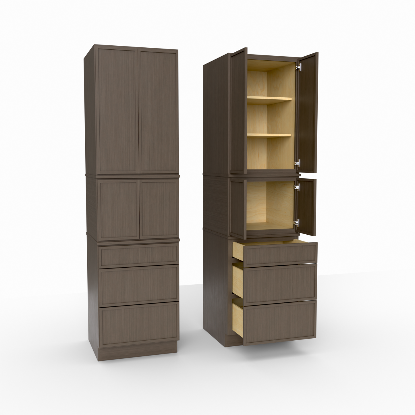 Tall brown cabinet with open door showing shelves and drawers on a white background