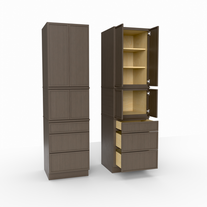 Tall brown cabinet with open door showing shelves and drawers on a white background