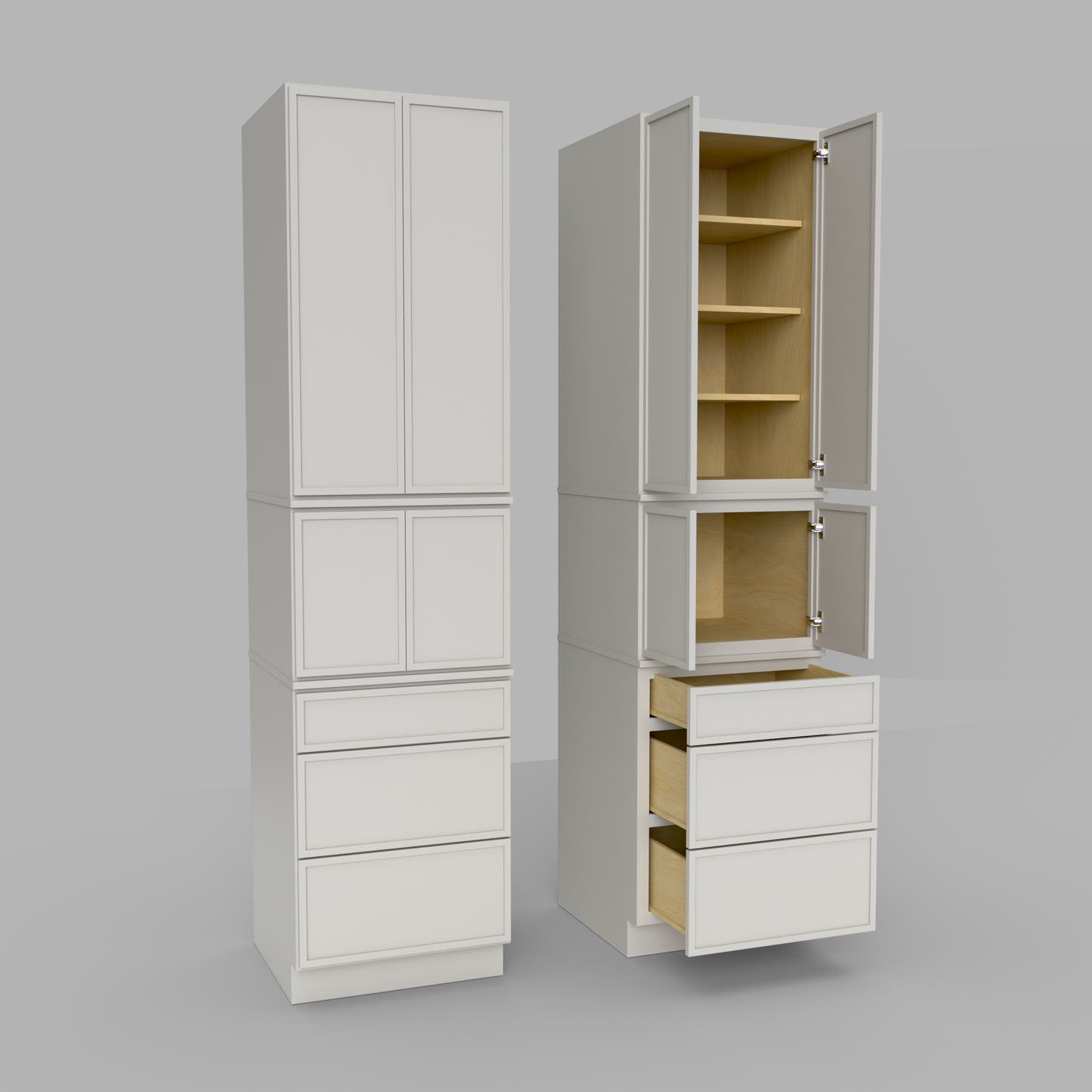 Slim Frame Shaker Modular Tall Pantry Utility Cabinet 24" D Three Drawer