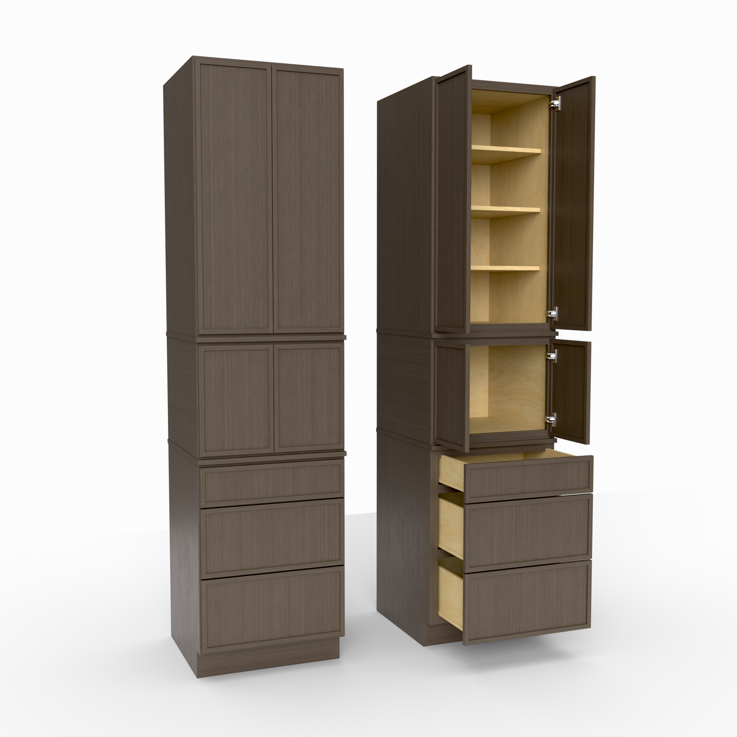 Brown wooden cabinet with open doors and drawers on a white background