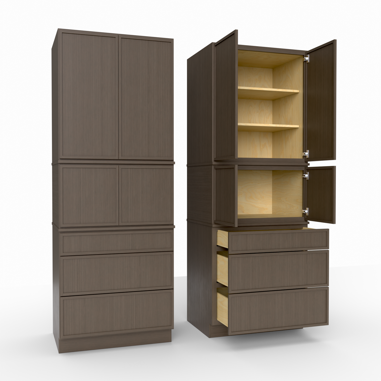 Brown wooden cabinet with open doors on a white background