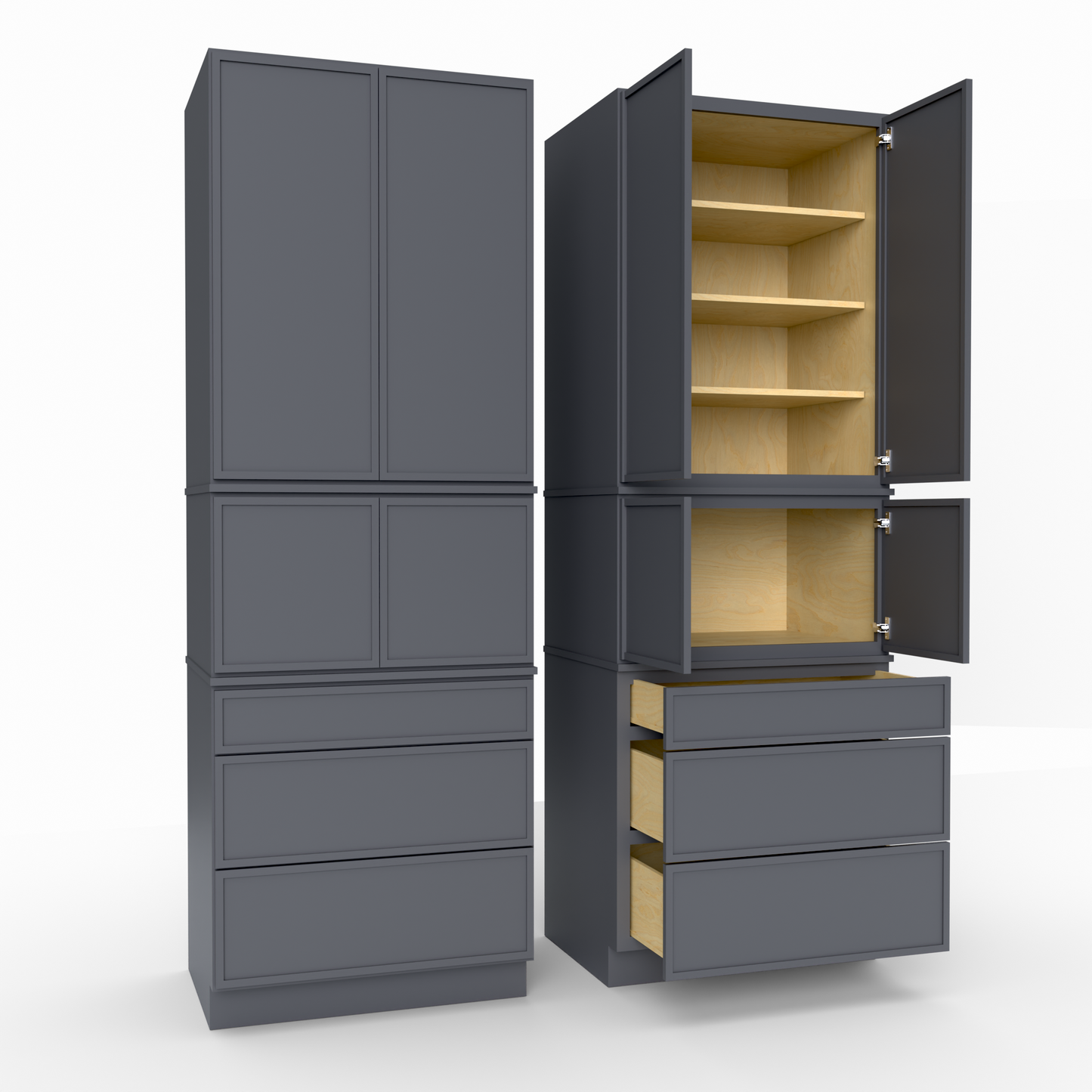 Slim Frame Shaker Modular Tall Pantry Utility Cabinet 24" D Three Drawer