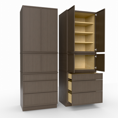 Brown wooden cabinet with open doors and drawers on a white background