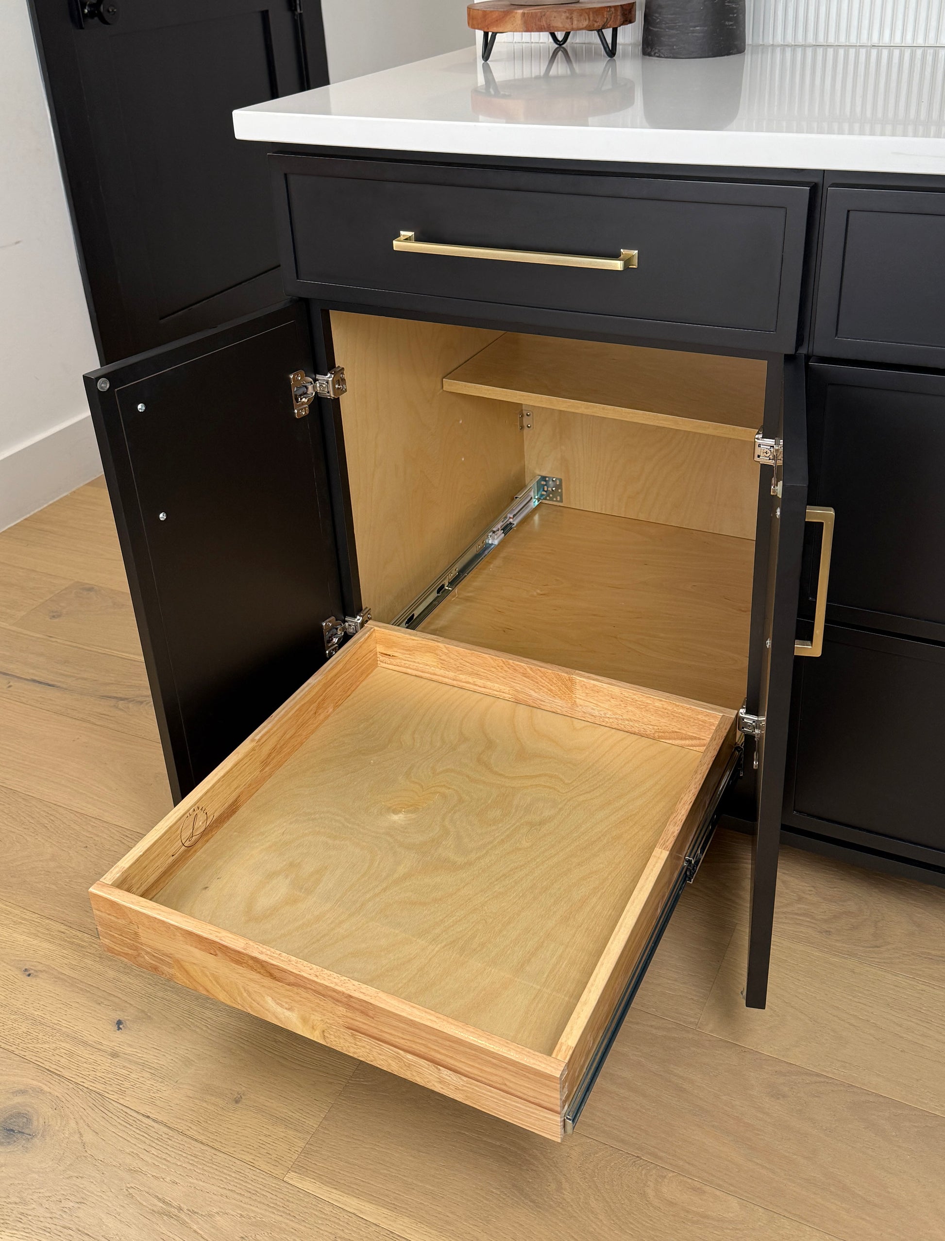 Rollout tray shelf for cabinets open