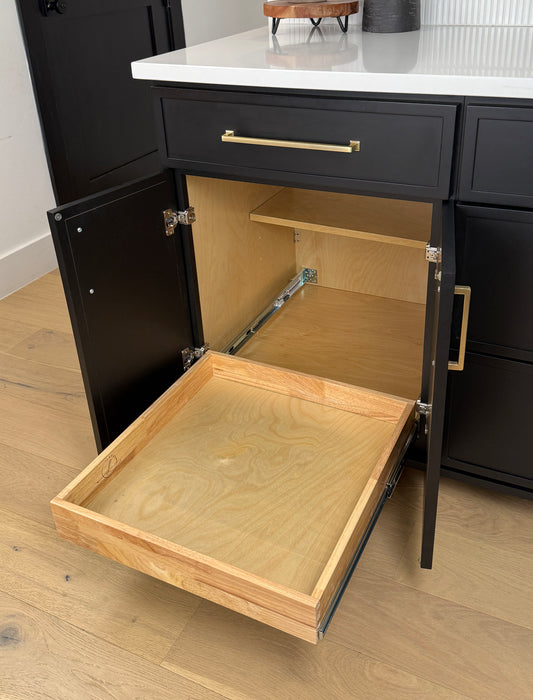 Rollout tray shelf for cabinets open