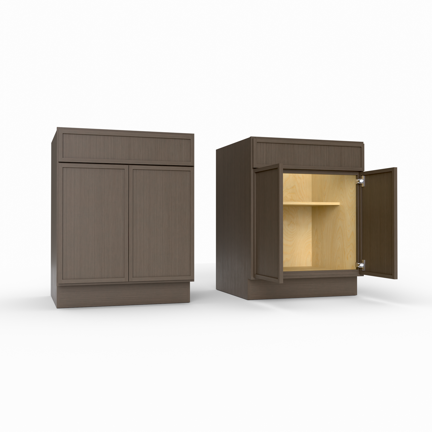 Brown kitchen cabinet with open door on a white background