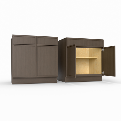 Brown kitchen cabinets with one open on a white background