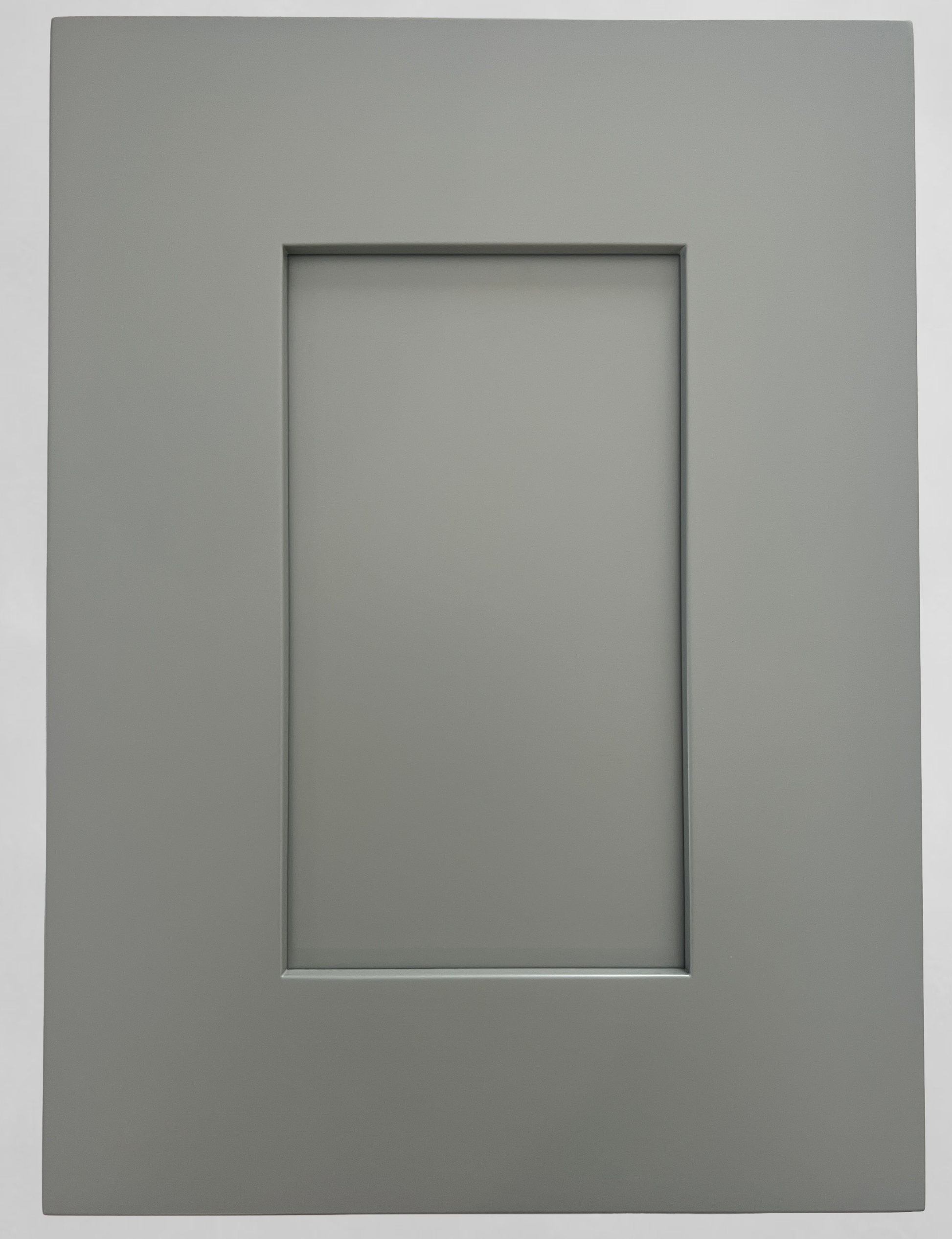 Gray cabinet door with a central rectangular cutout on a white background
