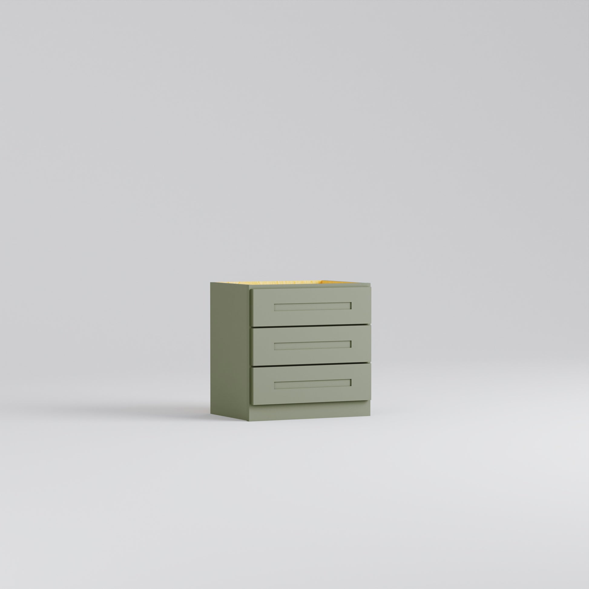 Shaker counter top cabinet three drawer sage green