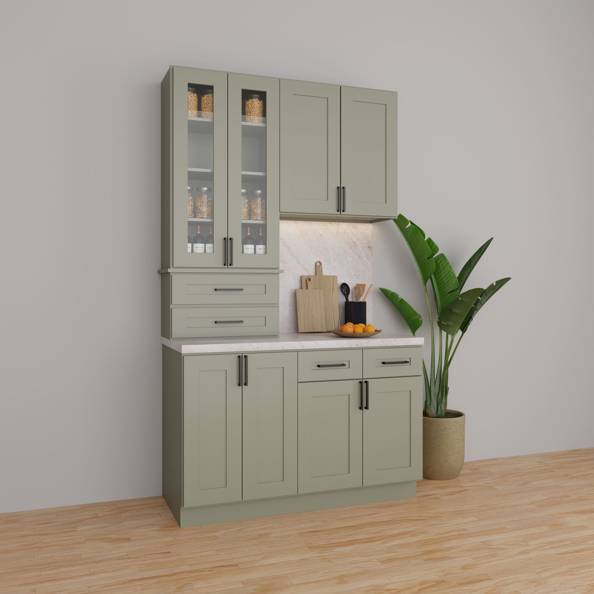 Shaker counter top cabinet two drawer sage green example image